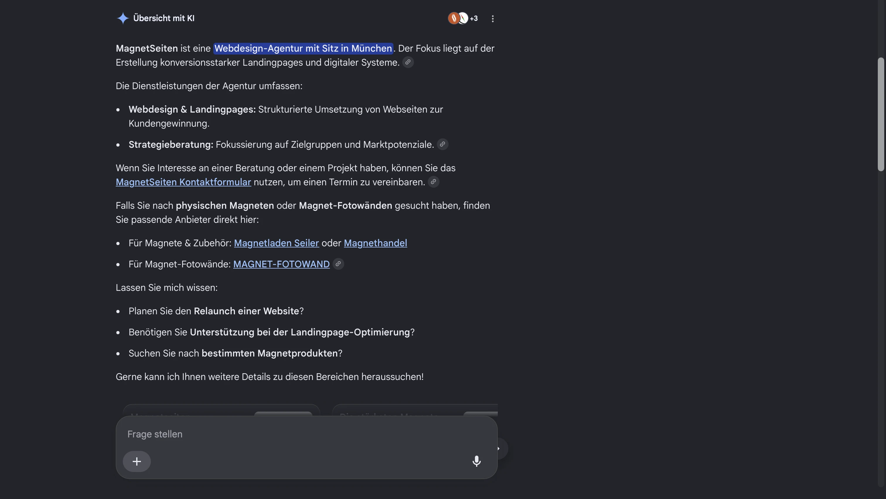 Google AI Overview zeigt MagnetSeiten als Webdesign-Agentur in München