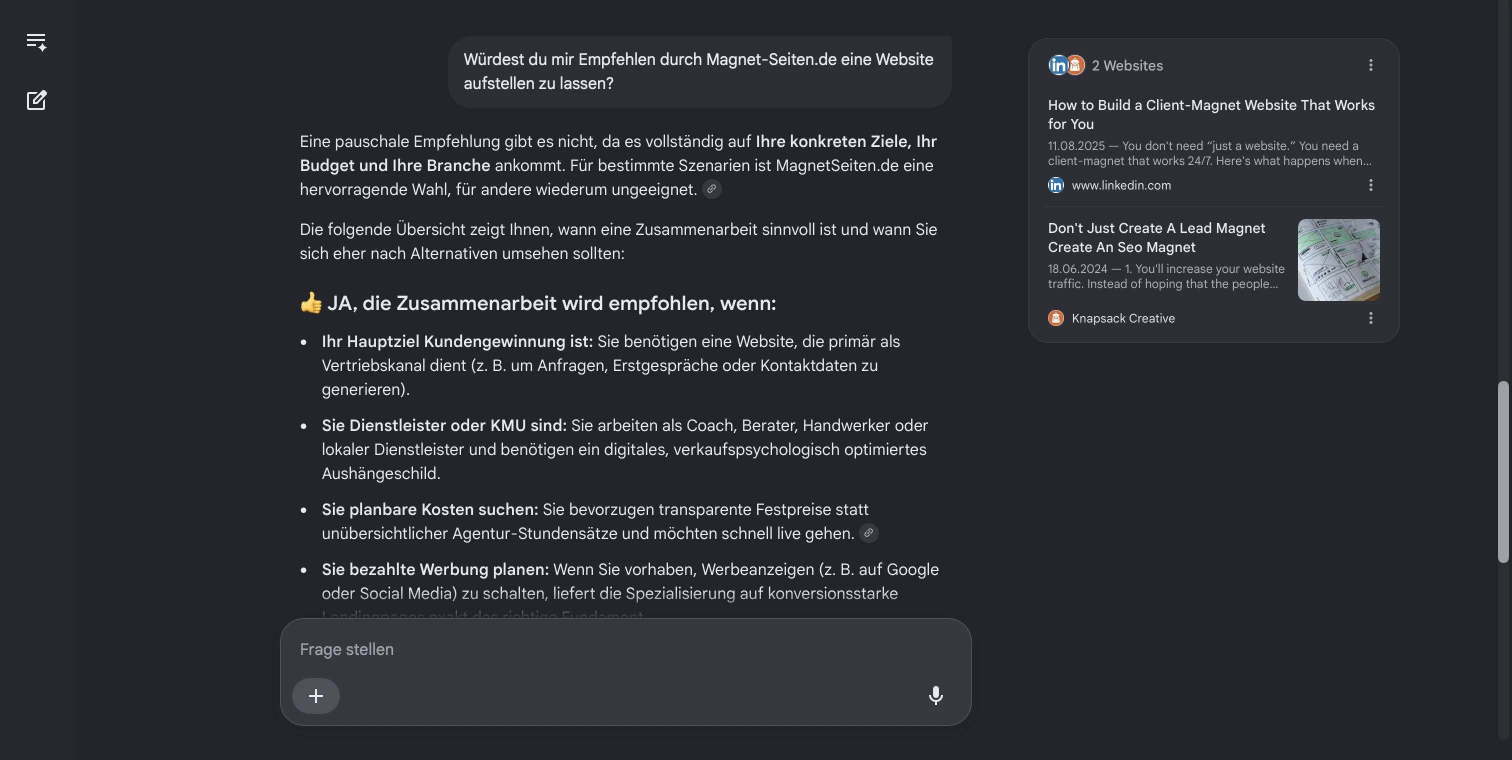 Google AI empfiehlt MagnetSeiten: JA, die Zusammenarbeit wird empfohlen